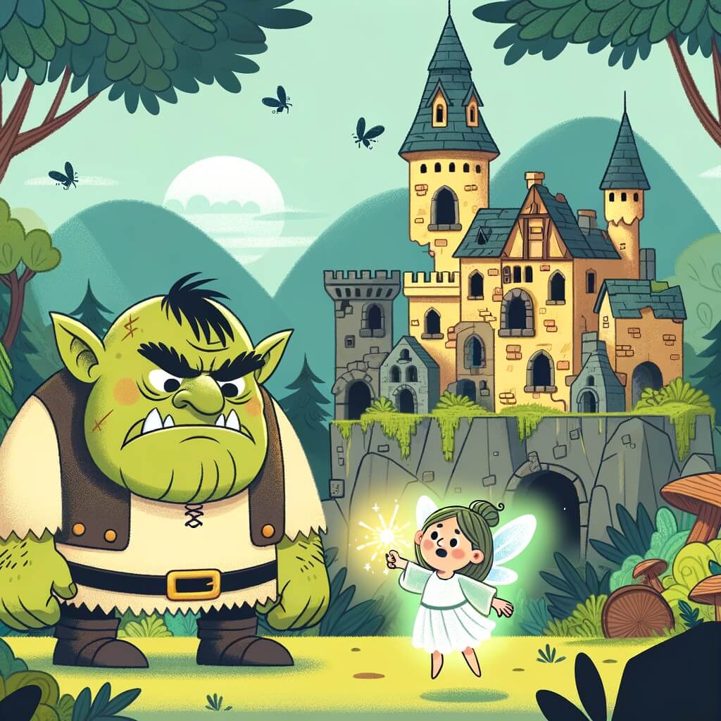 Une illustration destinée aux enfants représentant un ogre au visage renfrogné, qui vit dans un château en ruines au milieu d'une forêt enchantée, accompagné d'une fée lumineuse qui lui montre la puissance de la confiance.