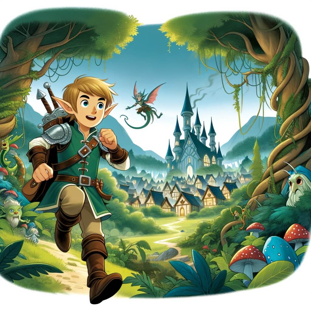 Une illustration destinée aux enfants représentant un lutin courageux se lançant dans une aventure périlleuse pour sauver un village enchanté, avec une forêt dense et verdoyante peuplée de créatures magiques en arrière-plan.