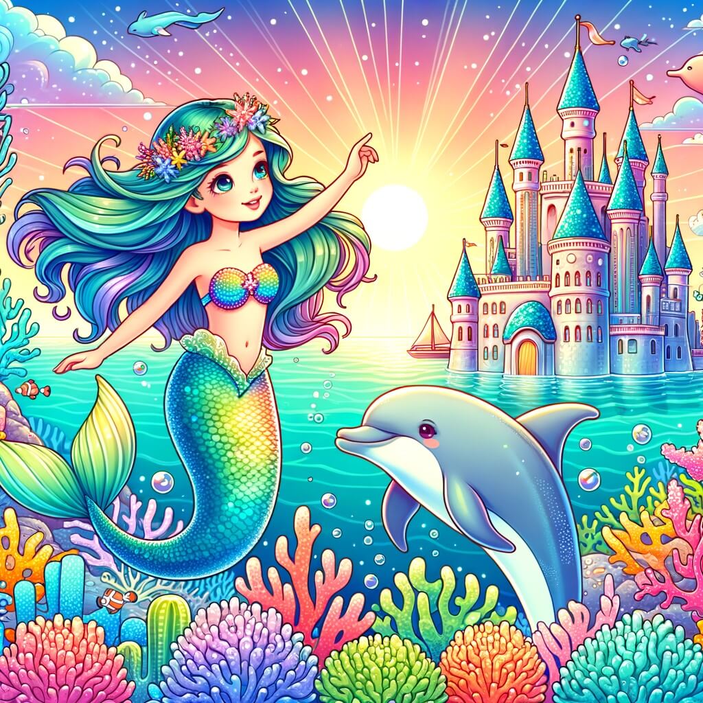 Une illustration destinée aux enfants représentant une magnifique sirène, évoluant dans les profondeurs de l'océan, accompagnée d'un ami dauphin, dans une ville sous-marine scintillante aux couleurs chatoyantes et entourée de coraux multicolores.