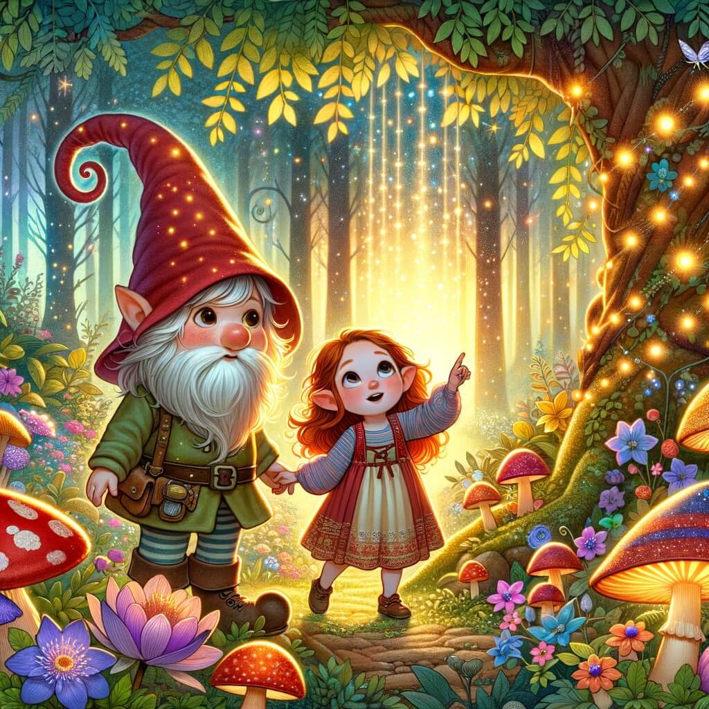 Une illustration destinée aux enfants représentant un lutin espiègle, accompagné d'une petite fille curieuse, explorant une forêt enchantée remplie d'arbres majestueux aux feuilles scintillantes, de fleurs lumineuses et de champignons colorés.