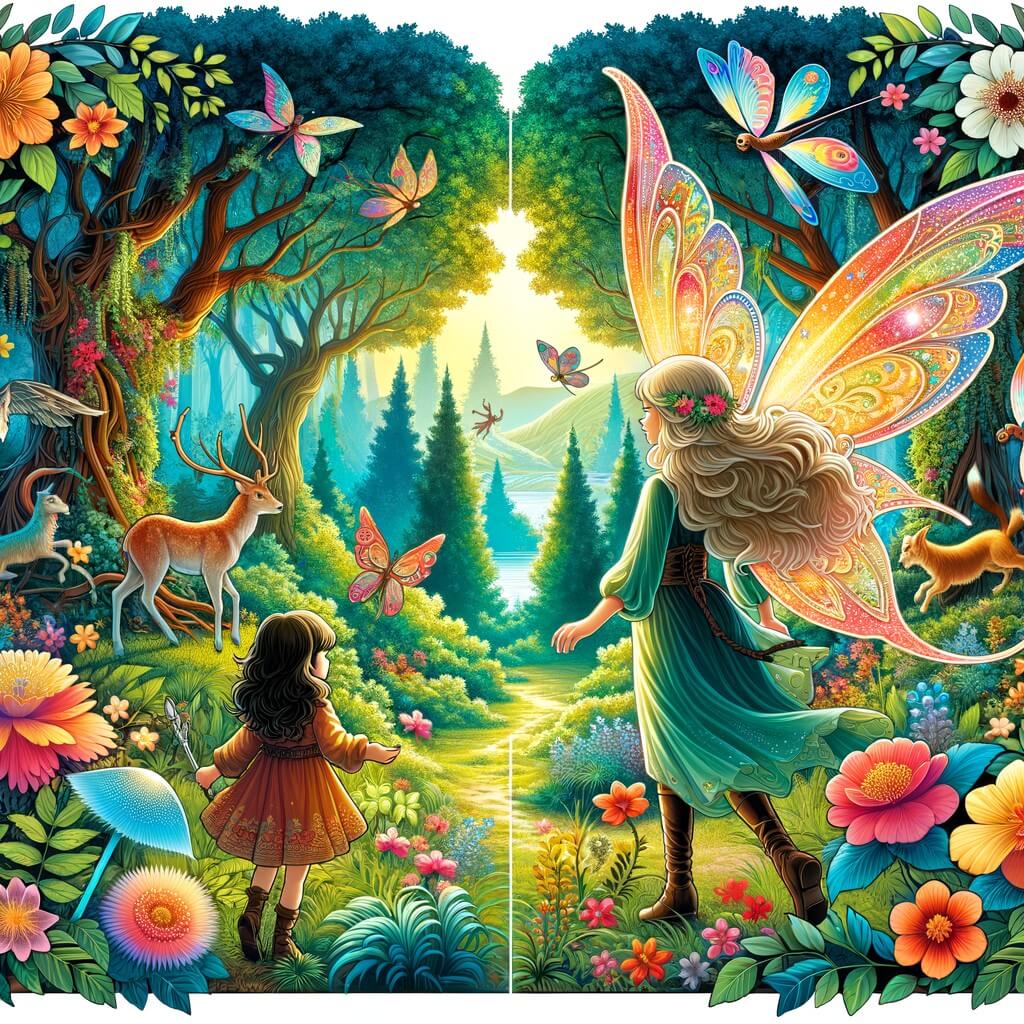 Une illustration destinée aux enfants représentant une fée aux ailes chatoyantes, accompagnée d'une jeune fille, découvrant un monde enchanteur dans une forêt luxuriante parsemée de fleurs aux couleurs vives et d'arbres majestueux où des animaux fantastiques se promènent en liberté.
