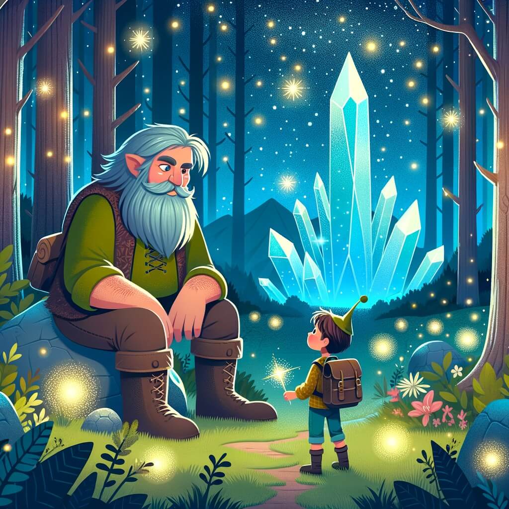 Une illustration destinée aux enfants représentant un géant bienveillant croisant le chemin d'un jeune aventurier curieux, dans une forêt enchantée parsemée de lucioles lumineuses et d'une majestueuse montagne de cristal étincelante.