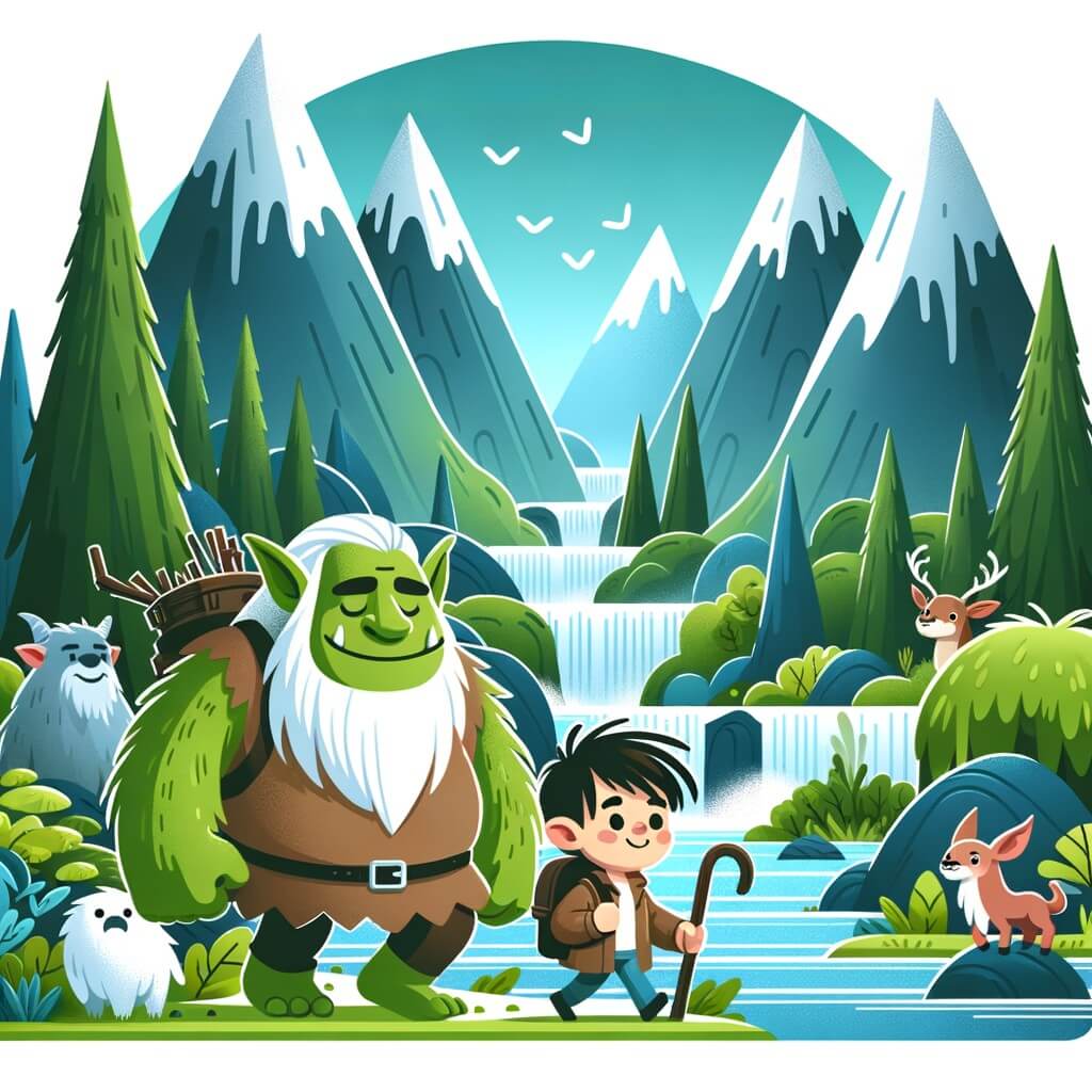 Une illustration destinée aux enfants représentant un ogre bienveillant, accompagné d'un jeune aventurier et d'un guide, explorant une vallée enchantée remplie de montagnes verdoyantes, de cascades scintillantes et de créatures fantastiques.