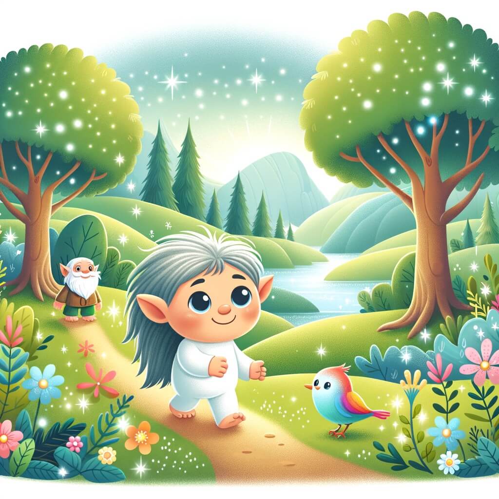 Une illustration destinée aux enfants représentant un adorable troll curieux explorant une vallée enchantée, accompagné d'un petit oiseau multicolore, dans un paysage luxuriant de fleurs scintillantes et d'arbres majestueux.