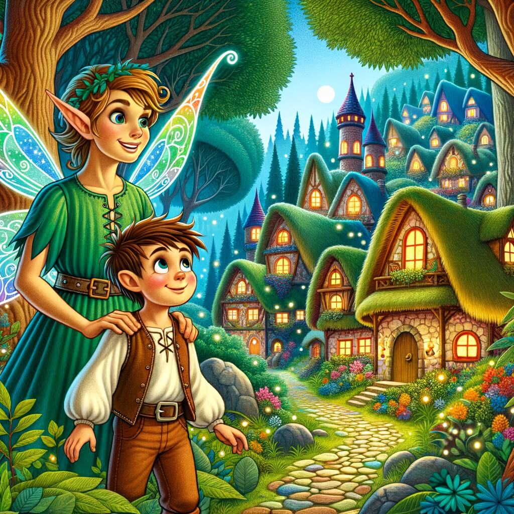 Une illustration pour enfants représentant une belle elfe vêtue d'une tunique verte, qui vit dans une forêt enchantée, où elle va aider un jeune garçon à retrouver une pierre magique volée par un sorcier maléfique.