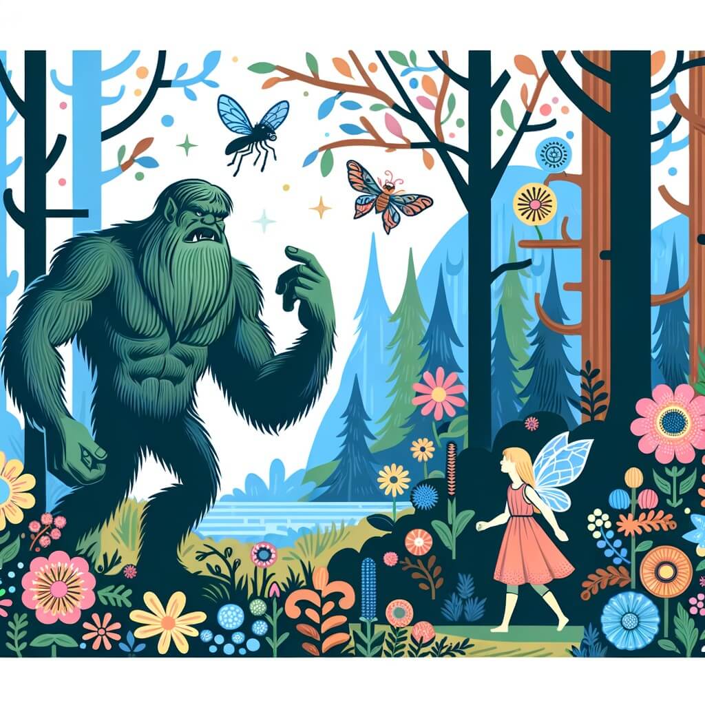 Une illustration destinée aux enfants représentant un monstre aux bras musclés et aux jambes poilues, accompagné d'une petite fée perdue, dans une forêt enchantée remplie de fleurs multicolores, d'arbres majestueux et de créatures magiques.