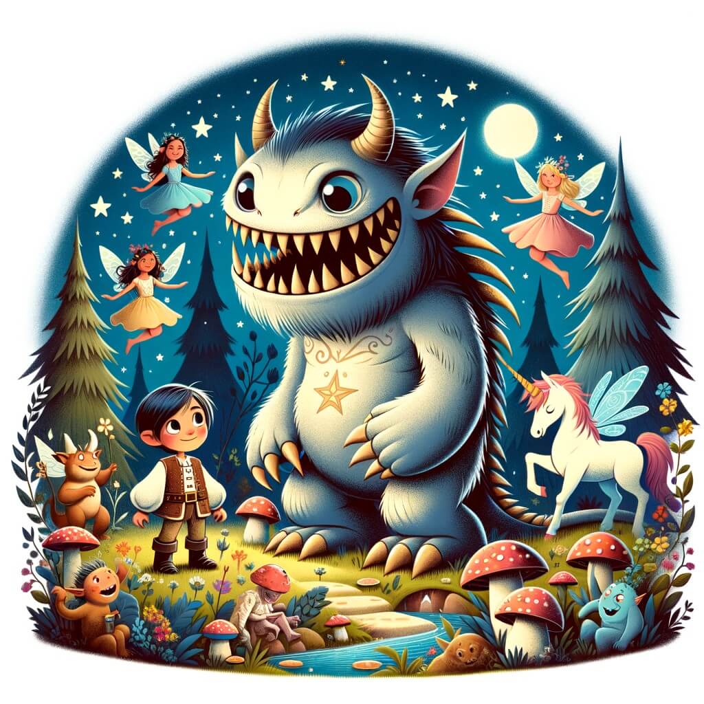 Une illustration destinée aux enfants représentant une adorable créature fantastique aux dents pointues, évoluant dans une forêt magique remplie de fées dansant autour d'une fontaine, de licornes gambadant dans la prairie et de trolls mangeant des champignons, accompagnée d'un petit garçon nommé Léo, qui deviendra son ami fidèle.