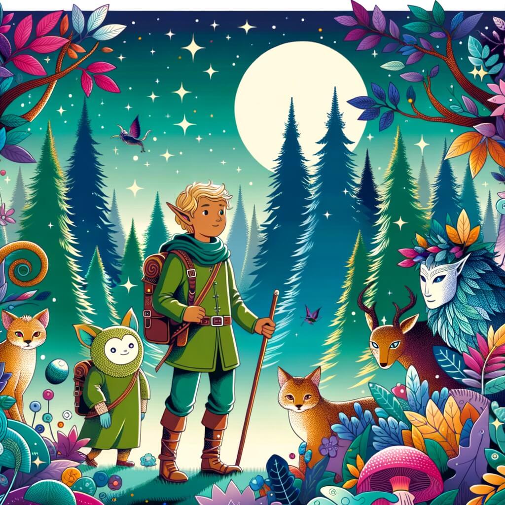 Une illustration destinée aux enfants représentant un jeune elfe courageux se tenant debout au milieu d'une forêt enchantée, accompagné de mystérieuses créatures magiques, dans une quête pour sauver leur maison de l'emprise d'une sorcière maléfique.