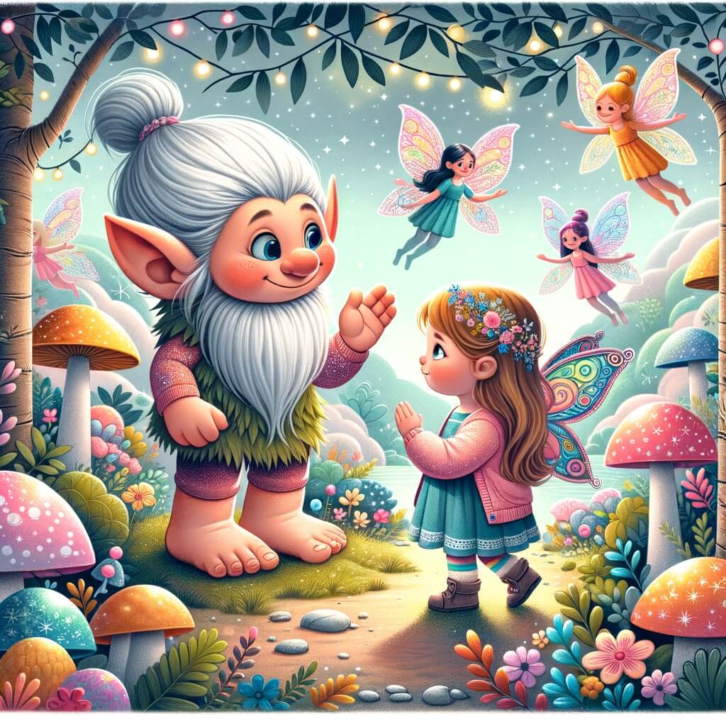 Une illustration destinée aux enfants représentant un adorable troll qui se lie d'amitié avec une petite fille dans un monde magique rempli de fées aux ailes multicolores, où les fleurs géantes et les arbres lumineux créent un paysage féerique.
