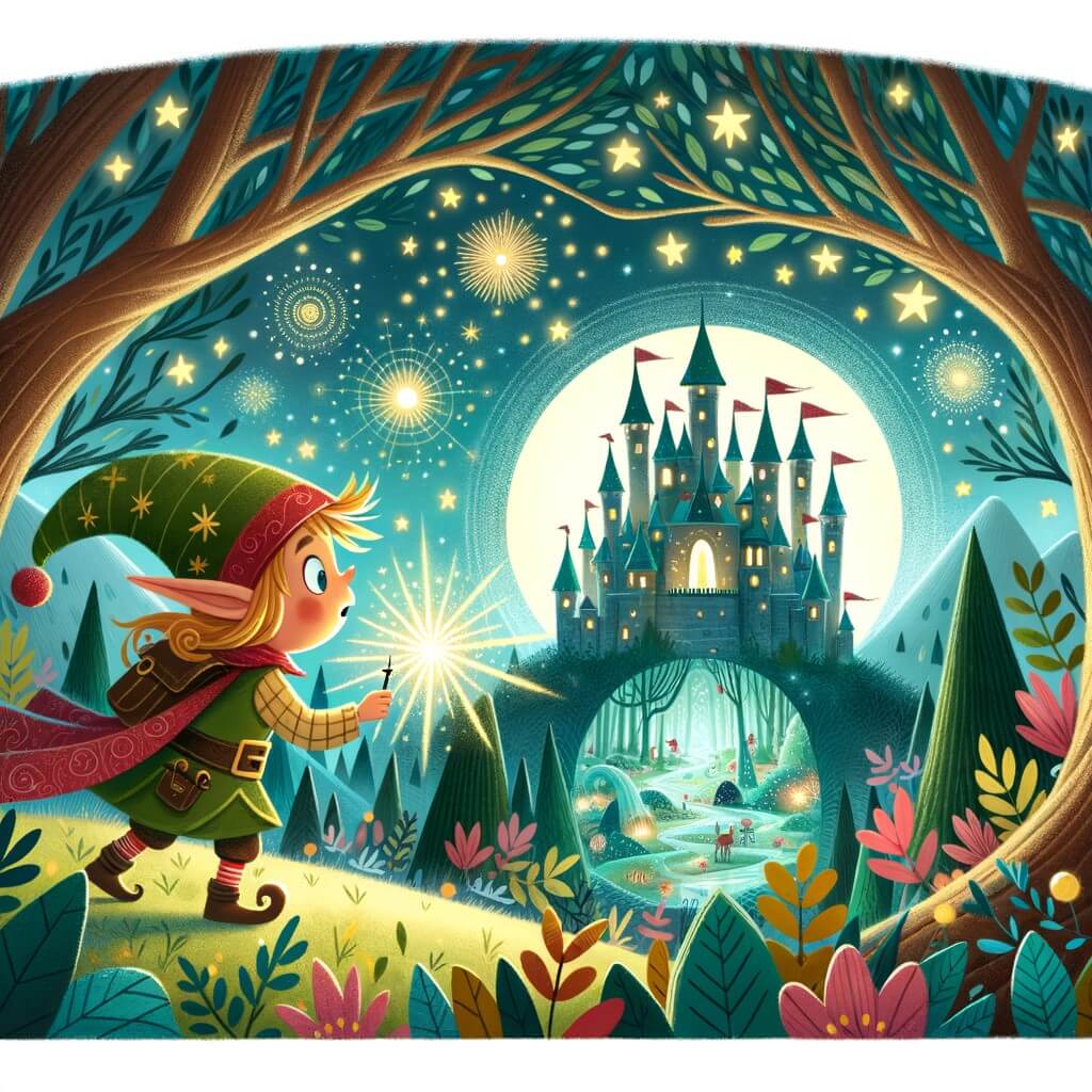 Une illustration pour enfants représentant un elfe curieux découvrant un monde magique au cœur d'une forêt enchantée.