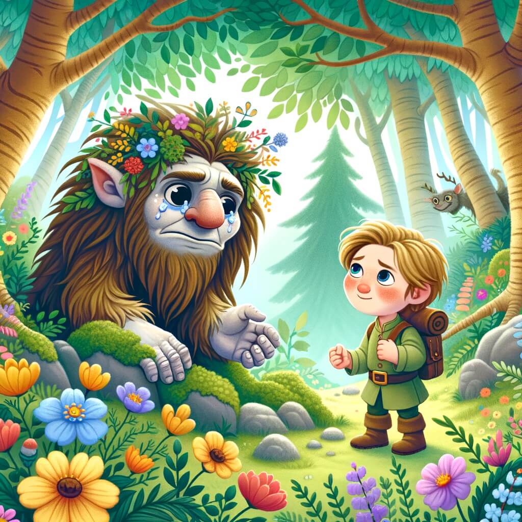 Une illustration destinée aux enfants représentant un adorable troll des bois, blessé et pleurant, rencontrant un jeune explorateur curieux dans une forêt enchantée remplie de fleurs colorées, arbres majestueux et animaux fantastiques.