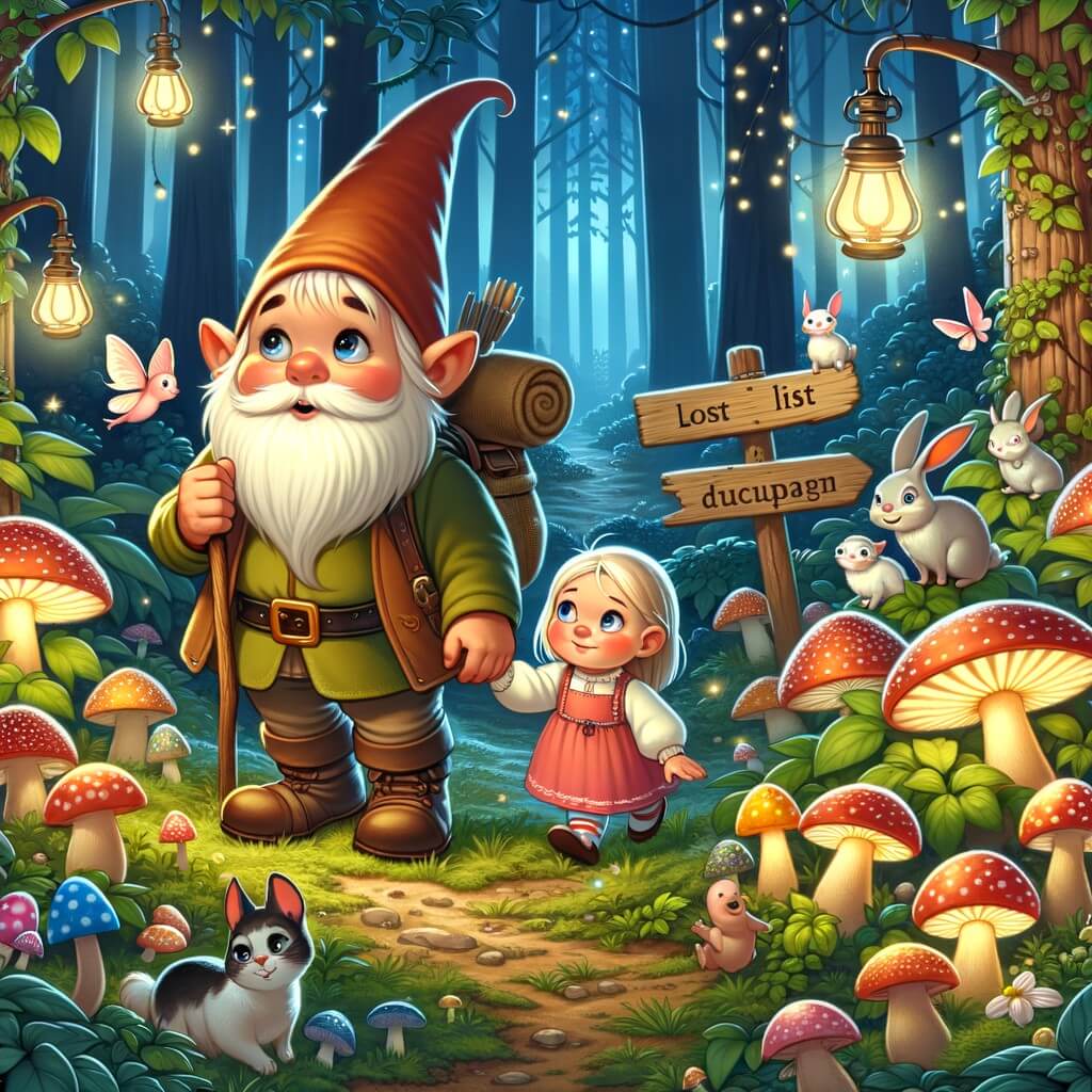 Une illustration destinée aux enfants représentant un lutin malicieux, accompagné d'une petite fille perdue, explorant une forêt enchantée remplie de champignons lumineux et d'animaux curieux.