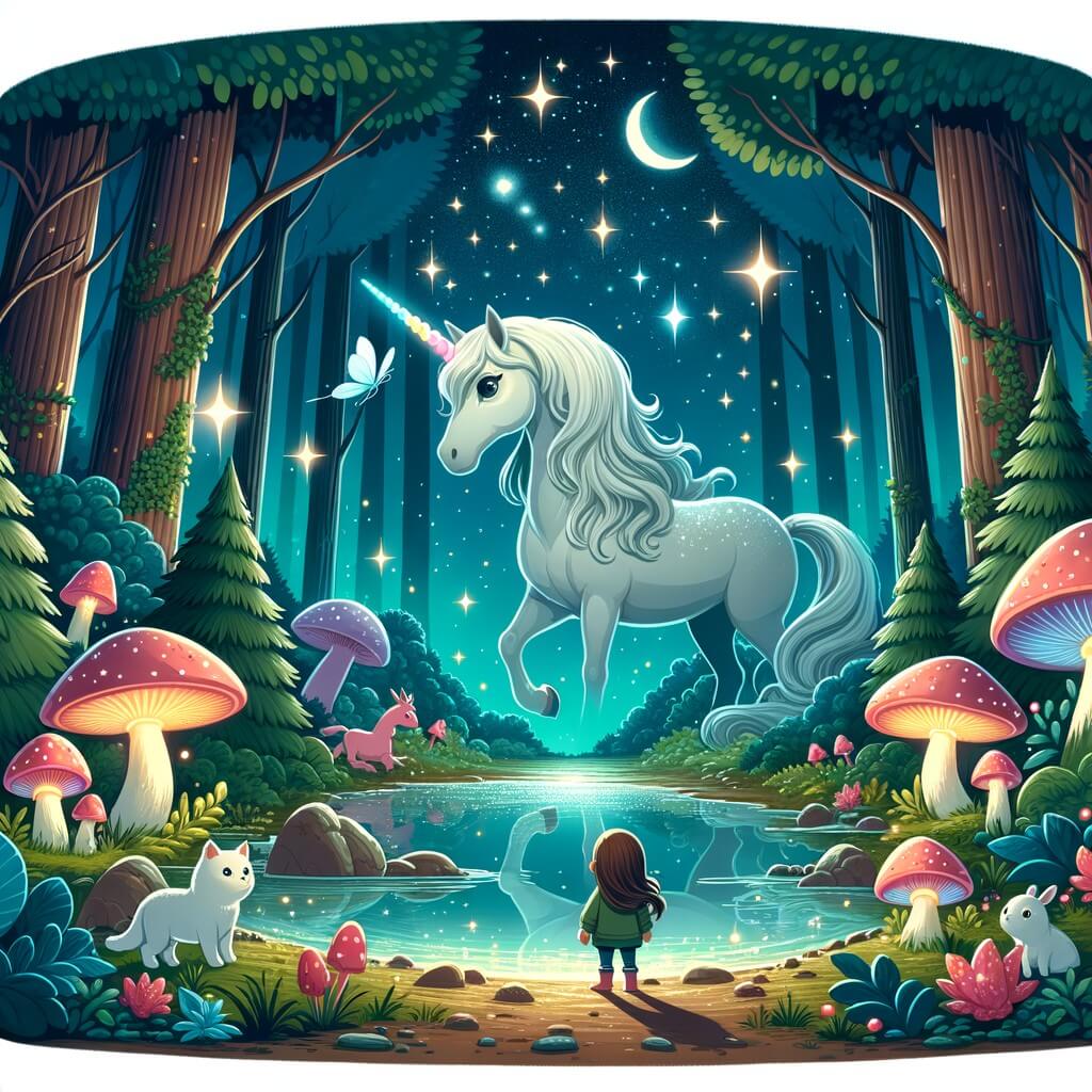 Une illustration destinée aux enfants représentant une magnifique licorne solitaire dans une forêt enchantée, accompagnée d'une petite fille perdue, découvrant un monde rempli de créatures magiques, de champignons lumineux et d'une source d'eau scintillante.