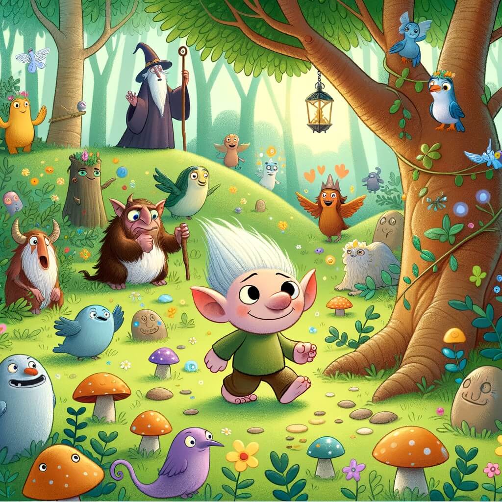 Une illustration pour enfants représentant un petit troll farceur, se retrouvant par accident dans une forêt enchantée remplie de créatures magiques.