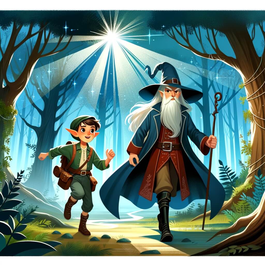 Une illustration destinée aux enfants représentant un elfe mystérieux, accompagné d'un jeune aventurier, explorant une forêt enchantée où les arbres dansent et les rayons de soleil créent une atmosphère féérique.