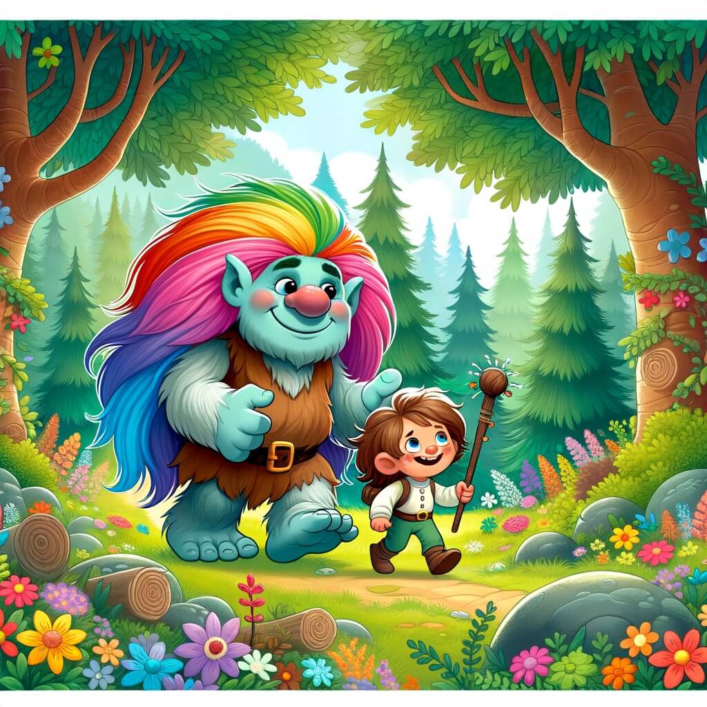 Une illustration destinée aux enfants représentant un adorable troll aux cheveux colorés, faisant équipe avec un courageux petit garçon, à la recherche d'un troll perdu dans une clairière magique remplie de fleurs colorées et d'arbres majestueux.