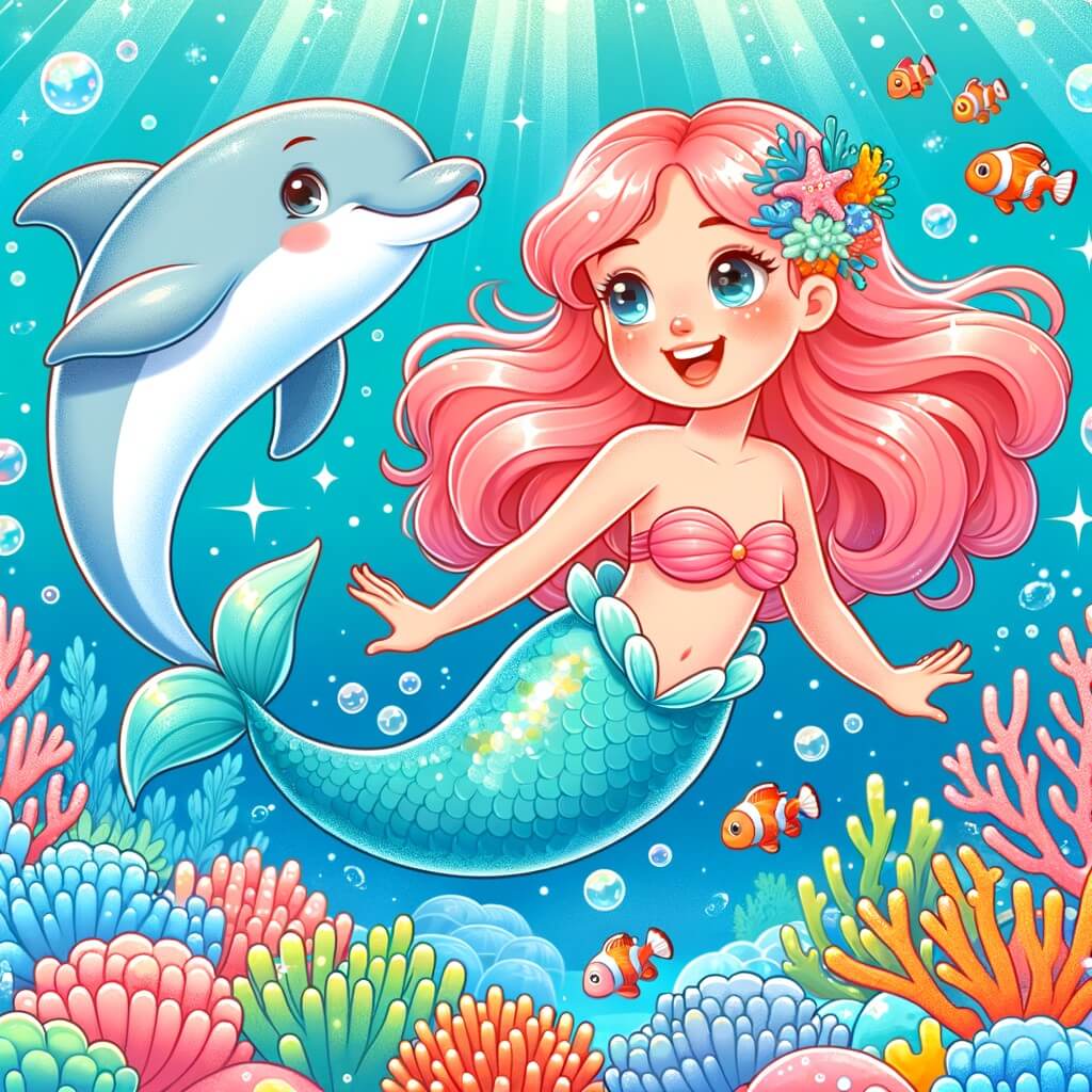 Une illustration destinée aux enfants représentant une magnifique sirène aux cheveux couleur corail, nageant joyeusement aux côtés d'un dauphin malicieux, dans un océan étincelant rempli de coraux chatoyants et de poissons colorés.