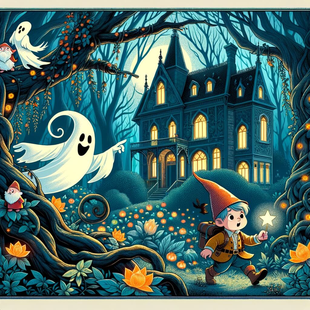Une illustration pour enfants représentant un fantôme solitaire hantant un manoir abandonné, où il rencontre trois amis curieux qui braveront leurs peurs pour devenir ses amis et l'aider à trouver la paix.