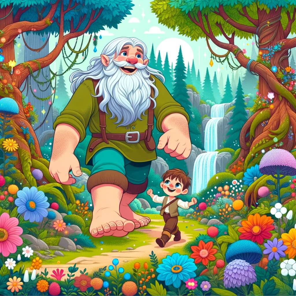 Une illustration destinée aux enfants représentant un géant curieux et joyeux, accompagné d'un petit garçon, explorant une forêt enchantée remplie de fleurs multicolores, d'arbres majestueux et de cascades scintillantes.