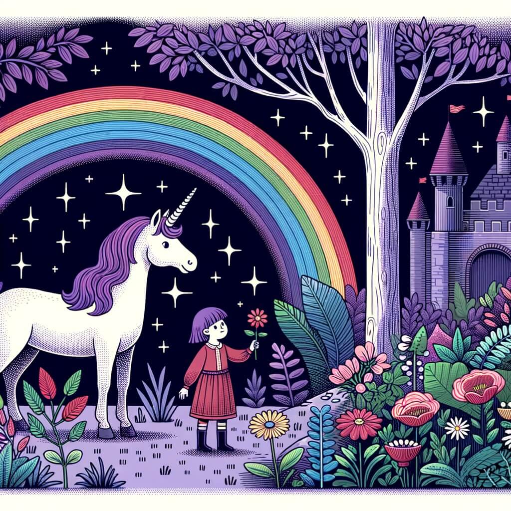 Une illustration destinée aux enfants représentant une licorne majestueuse se trouvant dans une forêt enchantée, accompagnée d'une jeune fille curieuse, dans une clairière aux fleurs multicolores, où elles découvrent un arc-en-ciel éblouissant suspendu au mur d'un château sombre.