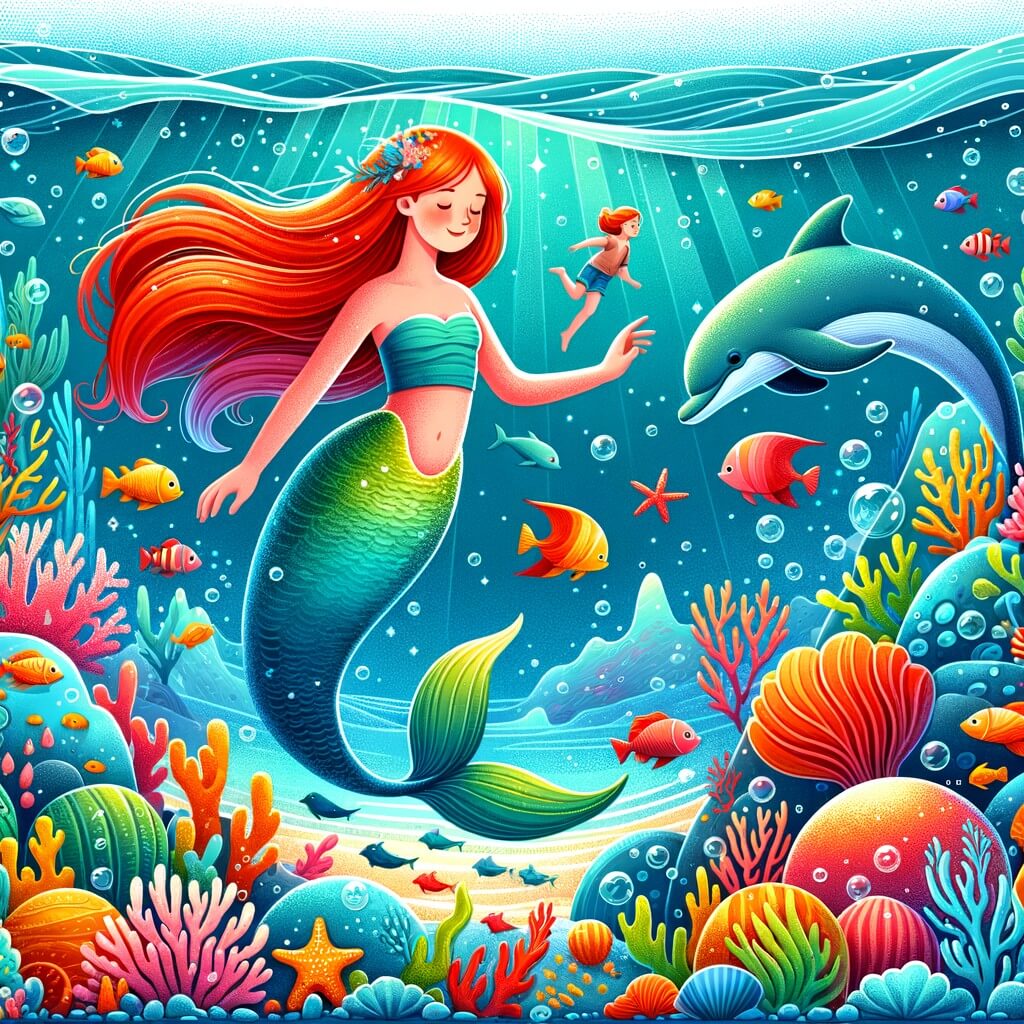 Une illustration destinée aux enfants représentant une sirène aux cheveux roux nageant dans un océan scintillant, accompagnée d'une petite fille qui explore un monde sous-marin rempli de coraux colorés, de poissons magiques et de dauphins joueurs.