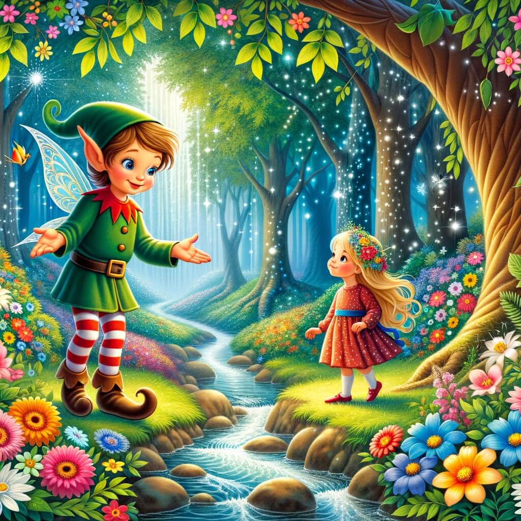 Une illustration pour enfants représentant un petit être magique vivant dans un arbre creux, qui rencontre une petite fille courageuse lors d'une promenade dans une forêt enchantée.
