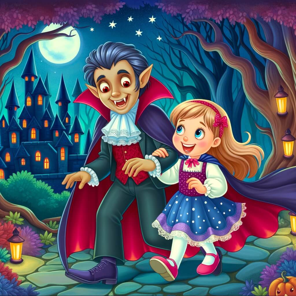 Une illustration destinée aux enfants représentant un vampire amical et souriant, faisant équipe avec une petite fille curieuse, dans une forêt enchantée remplie de châteaux sombres et de sentiers mystérieux.