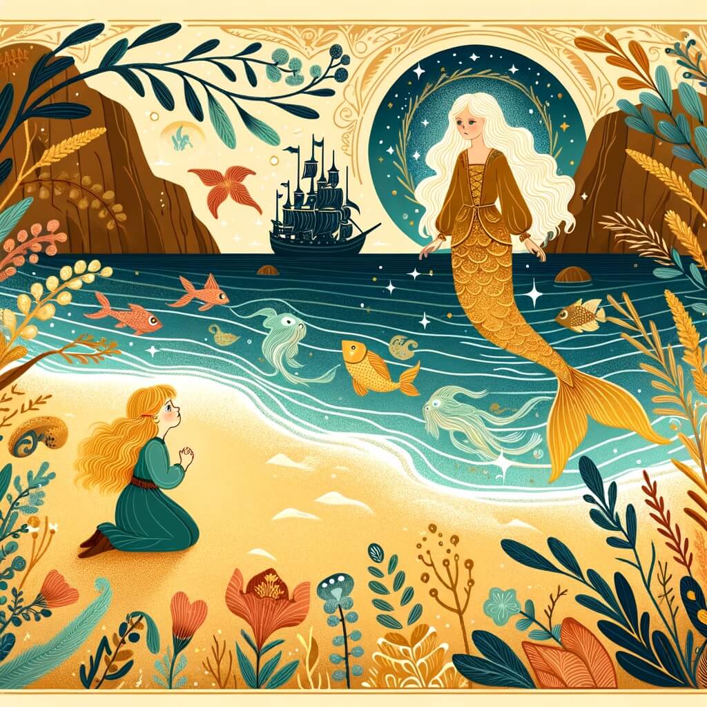 Une illustration destinée aux enfants représentant une ravissante sirène blessée, échouée sur une plage de sable doré, faisant la rencontre d'une petite fille curieuse qui deviendra son amie et l'accompagnera dans un voyage extraordinaire à travers un océan magique rempli de créatures fantastiques.