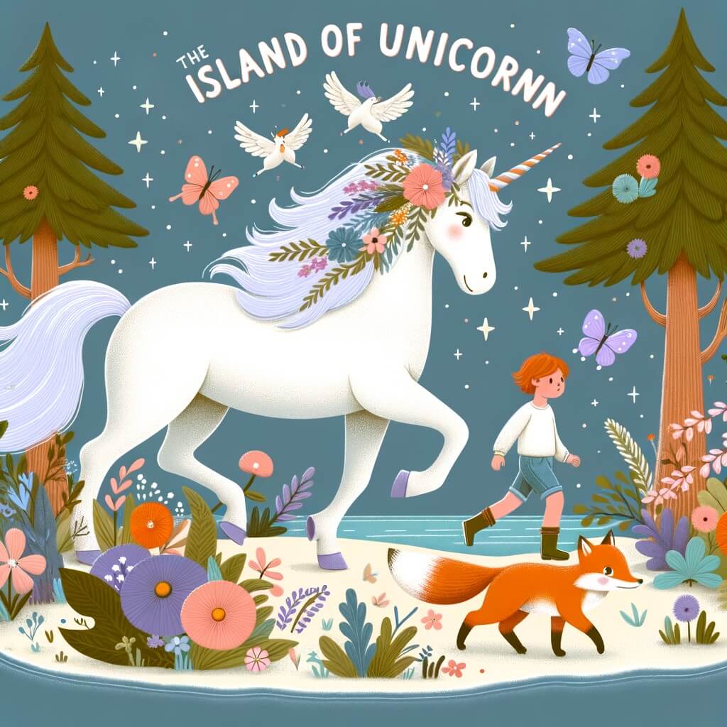 Une illustration pour enfants représentant une licorne majestueuse, confrontée à une quête épique dans un pays des merveilles enchanté.