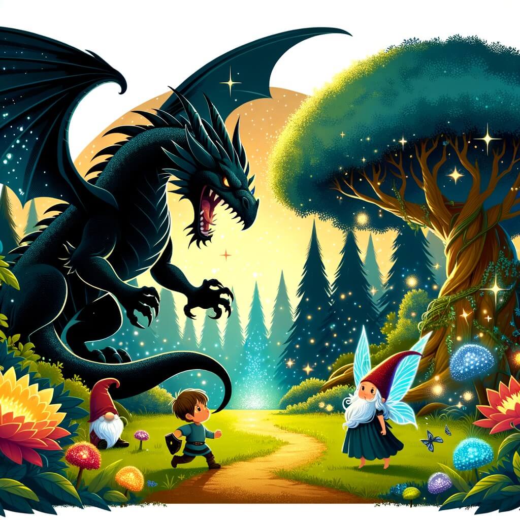 Une illustration destinée aux enfants représentant un majestueux dragon noir, rugissant de colère, qui menace une petite fée et son ami lutin dans une clairière enchantée, entourée d'arbres géants aux feuilles chatoyantes et de fleurs lumineuses aux couleurs éclatantes.