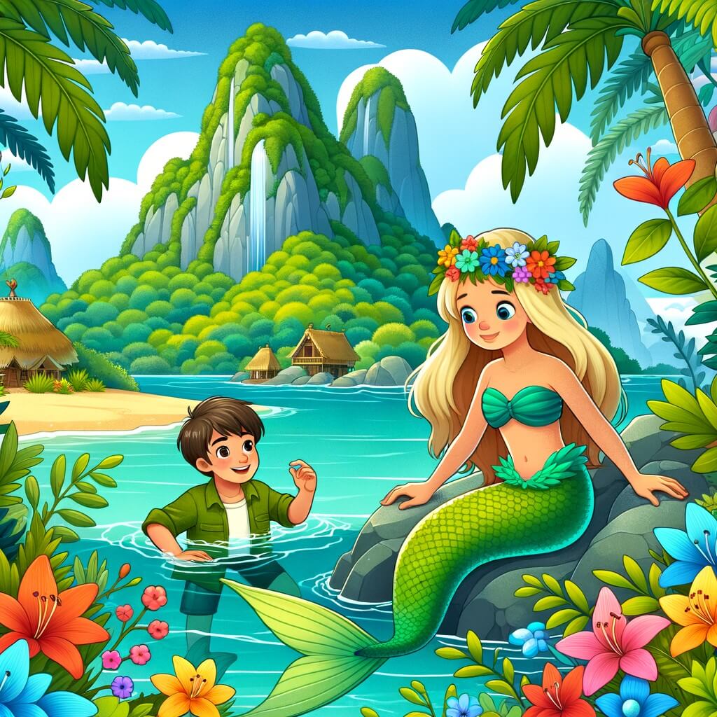 Une illustration destinée aux enfants représentant une sirène curieuse découvrant une île enchantée avec l'aide d'un jeune garçon, entourés d'eau cristalline et de fleurs tropicales multicolores, surplombés de majestueuses montagnes verdoyantes.