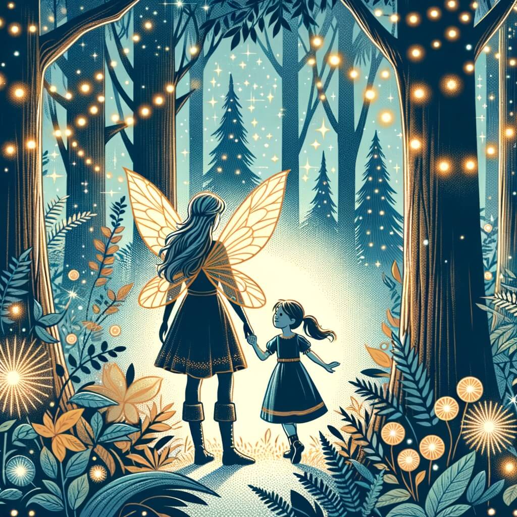 Une illustration destinée aux enfants représentant une fée courageuse, accompagnée d'une petite fille, dans un royaume enchanté, rempli de lumières scintillantes et d'arbres majestueux.