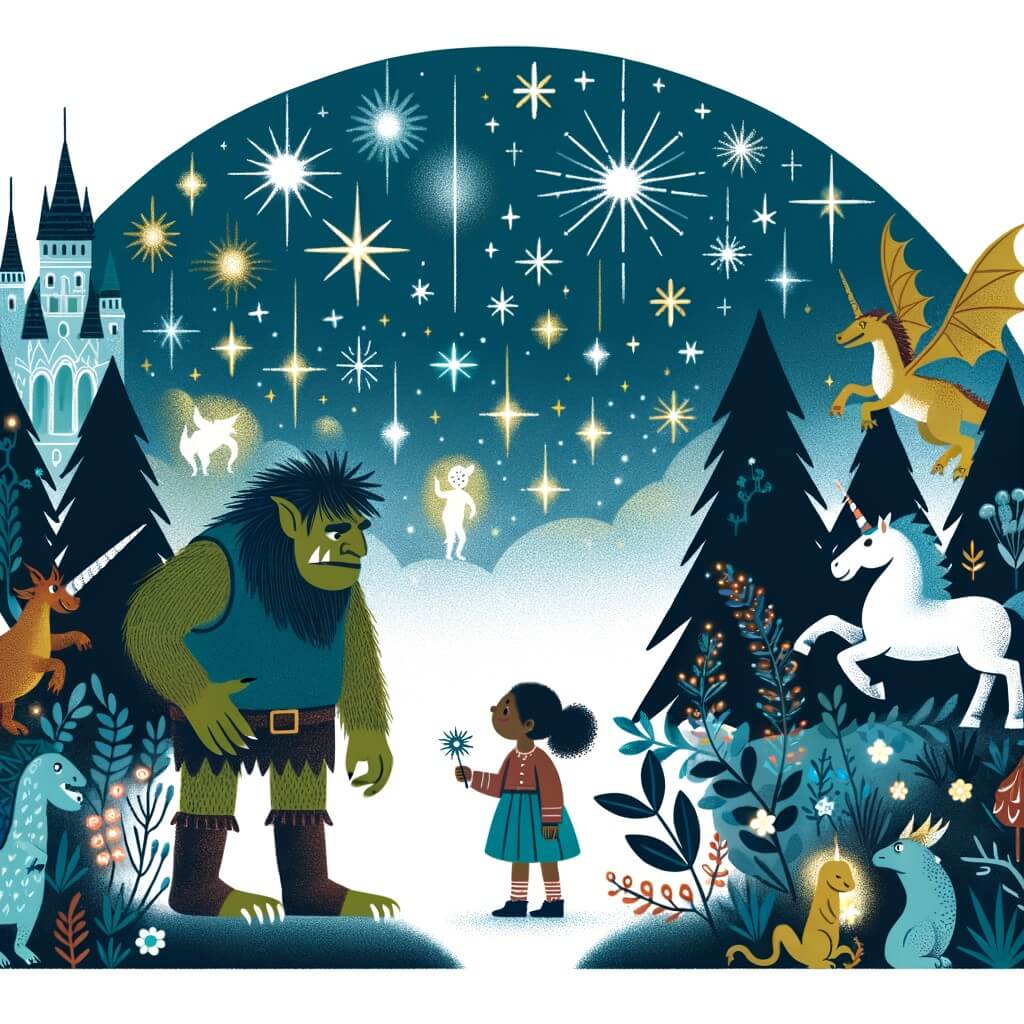 Une illustration destinée aux enfants représentant un ogre timide découvrant une petite fille courageuse dans une forêt enchantée remplie de fées étincelantes, de licornes majestueuses et de dragons crachant du feu.