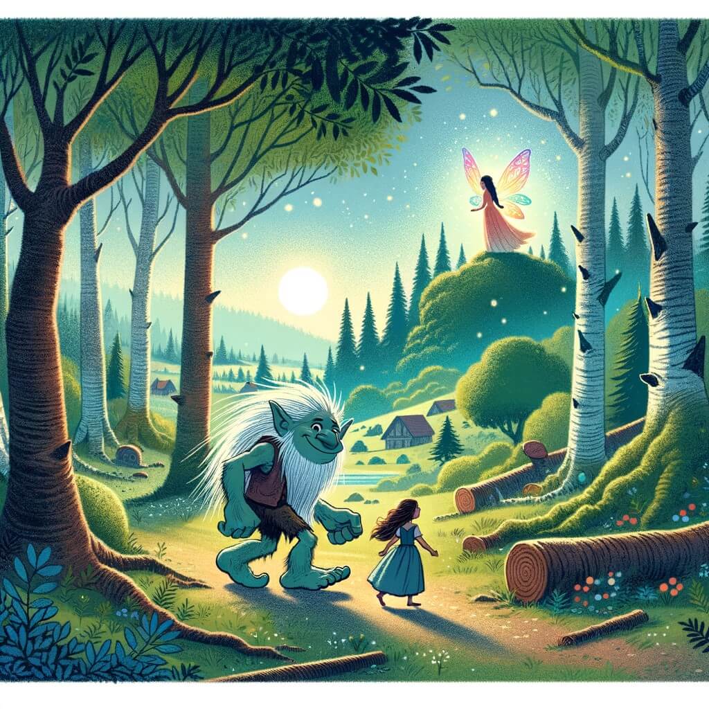 Une illustration destinée aux enfants représentant un troll solitaire, perdu dans une forêt enchantée, faisant la rencontre inattendue d'une fée lumineuse, dans un paysage luxuriant où les arbres semblent danser au rythme de la magie qui les entoure.