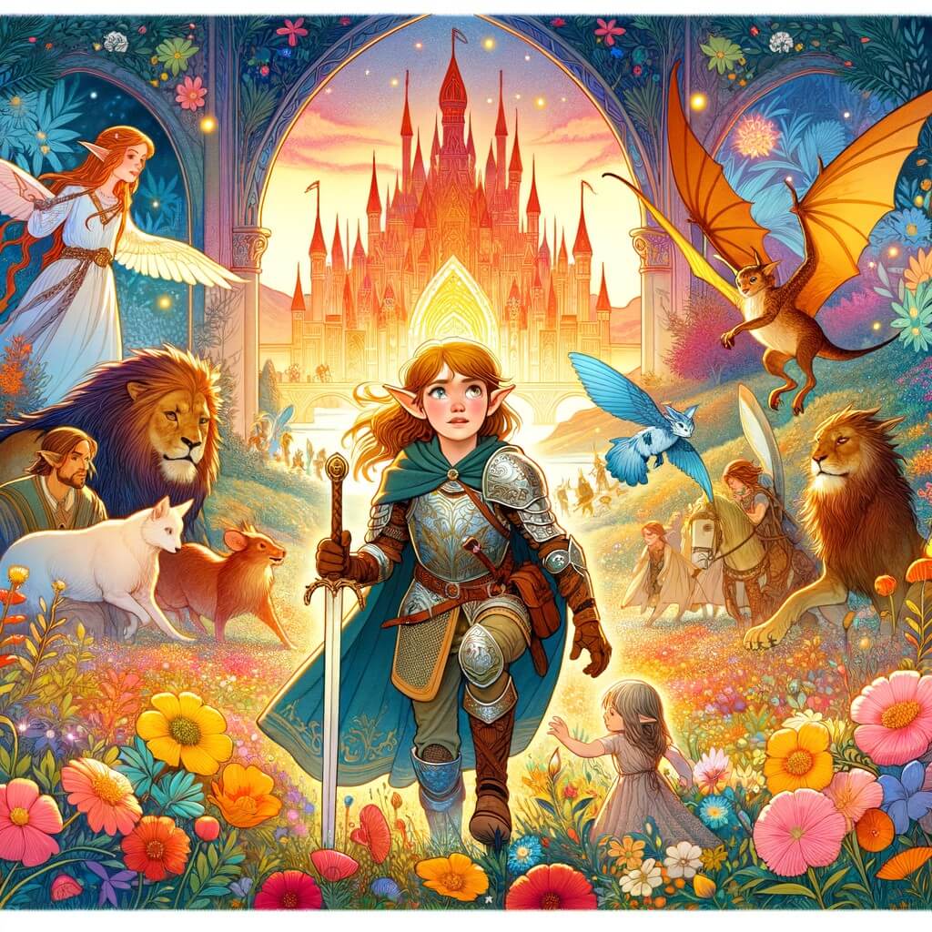 Une illustration destinée aux enfants représentant une jeune elfe courageuse, accompagnée de créatures magiques, dans un château elfique scintillant au milieu d'un champ de fleurs multicolores.