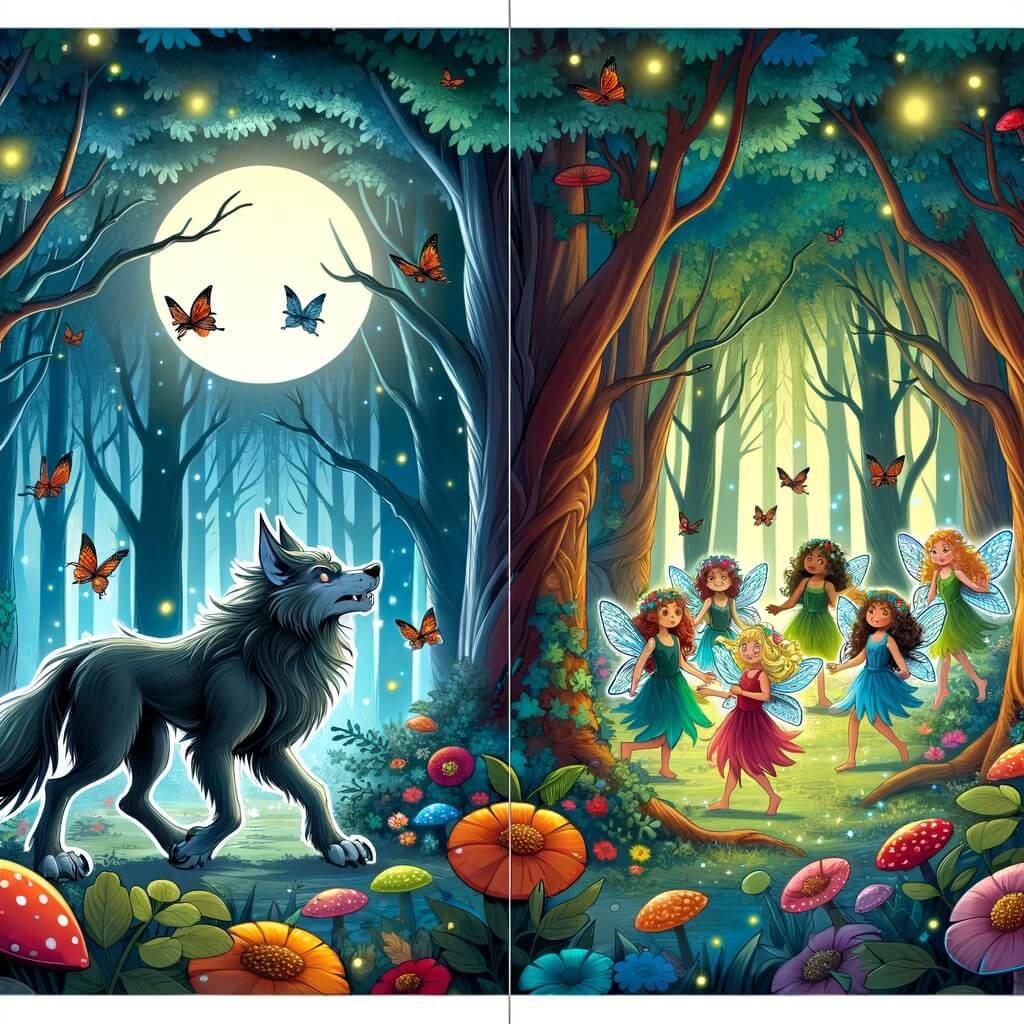 Une illustration destinée aux enfants représentant un mystérieux loup-garou solitaire, découvrant un monde enchanté rempli de fées et d'elfes, dans une forêt dense et colorée où les rayons du soleil filtrent à travers les branches touffues.