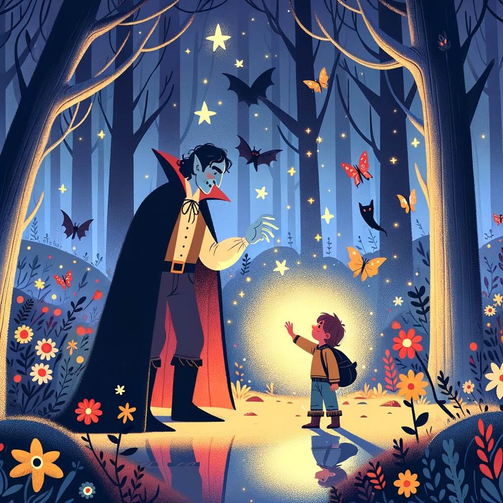 Une illustration destinée aux enfants représentant un vampire solitaire se liant d'amitié avec un jeune aventurier curieux, dans une forêt enchantée où les arbres dansent et les fleurs éclatent de couleurs éblouissantes.