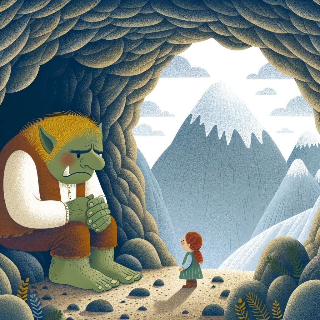 Une illustration pour enfants représentant un ogre solitaire et triste, une rencontre inattendue avec une petite fille curieuse dans une grotte située au sommet d'une montagne.