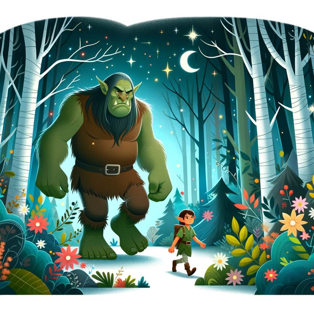 Une illustration destinée aux enfants représentant un imposant ogre, perdu dans une sombre forêt enchantée, accompagné d'un petit elfe courageux, au milieu d'arbres majestueux et de fleurs lumineuses aux couleurs vives.