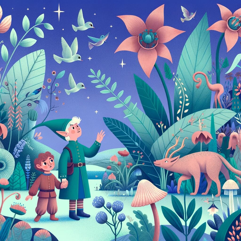 Une illustration destinée aux enfants représentant un lutin malicieux et espiègle, se retrouvant par hasard dans un jardin enchanté rempli de plantes géantes, d'animaux parlants et de fleurs magiques, où il fera la rencontre d'une petite fille curieuse et aventureuse.