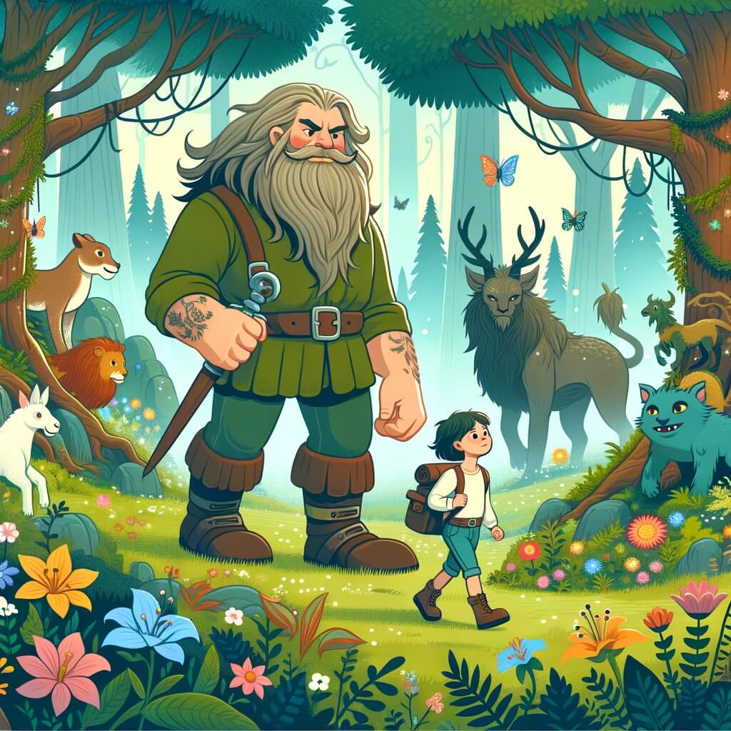 Une illustration destinée aux enfants représentant un géant bienveillant, accompagné d'une jeune exploratrice, découvrant un monde enchanté rempli de créatures fantastiques, dans une forêt luxuriante parsemée de fleurs colorées et d'arbres majestueux.