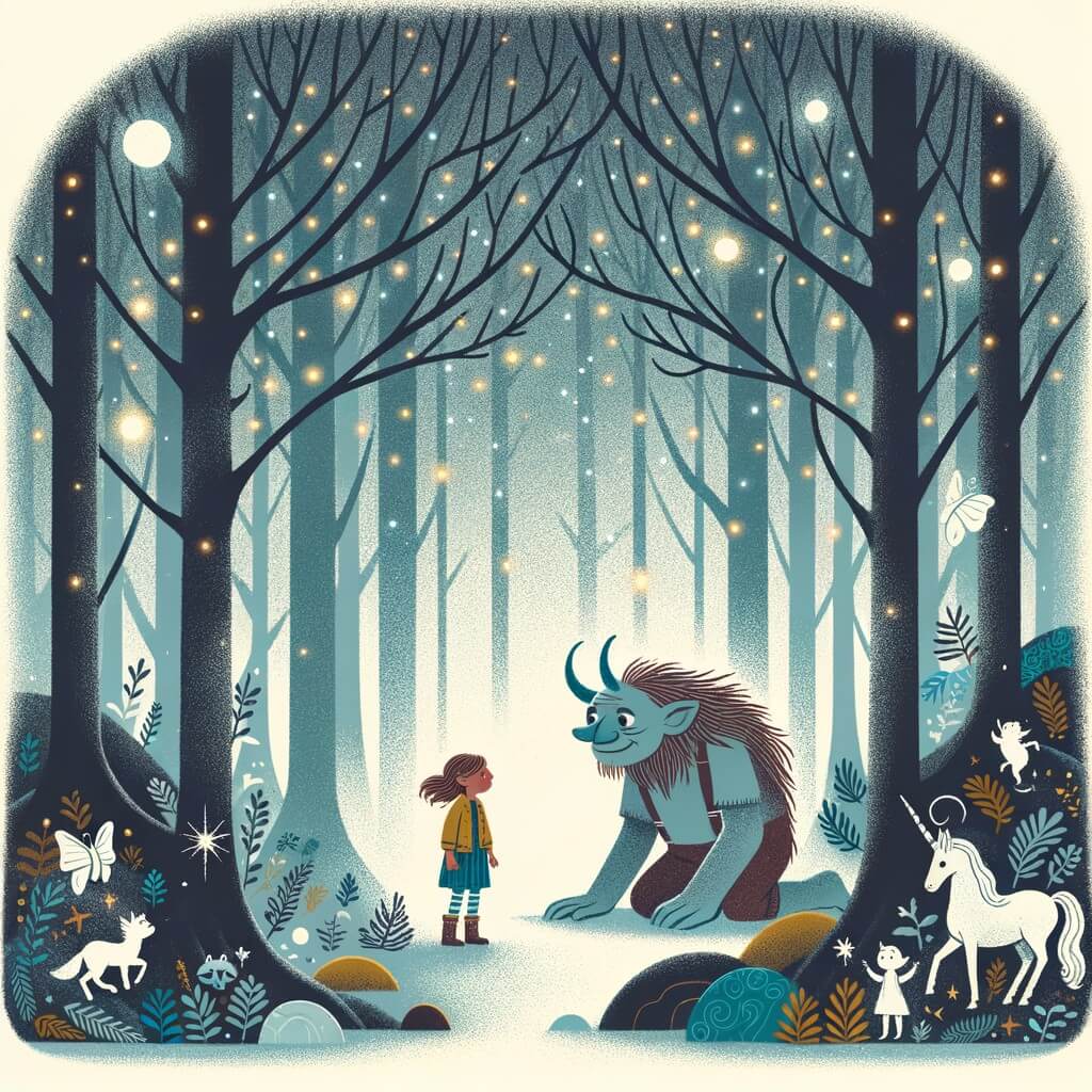 Une illustration destinée aux enfants représentant un troll curieux et solitaire, faisant la rencontre d'une jeune fille courageuse, dans une forêt enchantée remplie d'elfes, de fées et de licornes étincelantes.