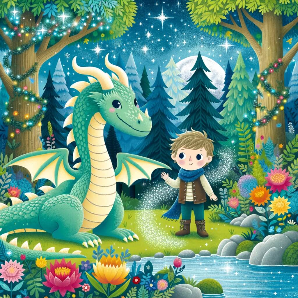 Une illustration destinée aux enfants représentant un dragon étincelant, accompagné d'un jeune garçon, dans une forêt enchantée remplie d'arbres majestueux, de fleurs colorées et de ruisseaux scintillants.