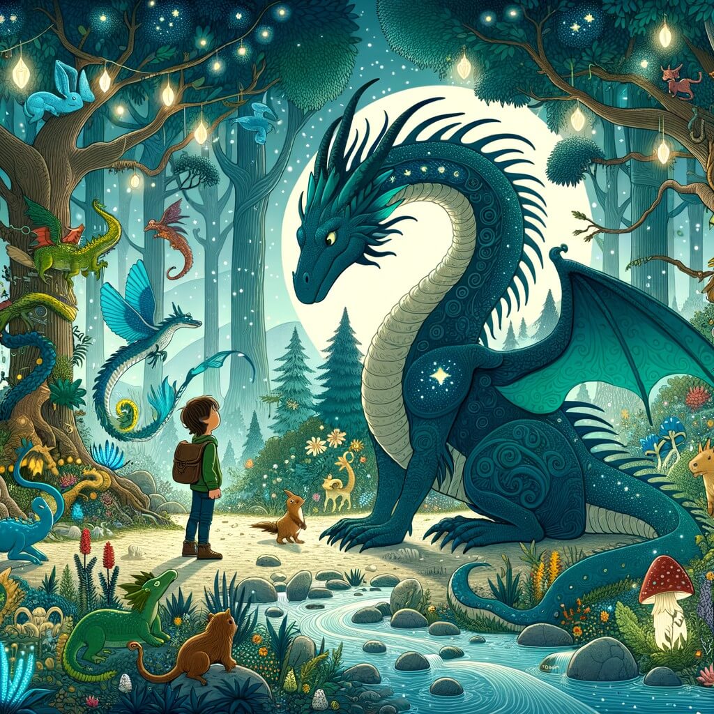 Une illustration destinée aux enfants représentant un dragon majestueux, solitaire et bienveillant, qui rencontre un jeune garçon courageux dans une forêt enchantée remplie de créatures magiques, de plantes lumineuses et de petits ruisseaux chantants.