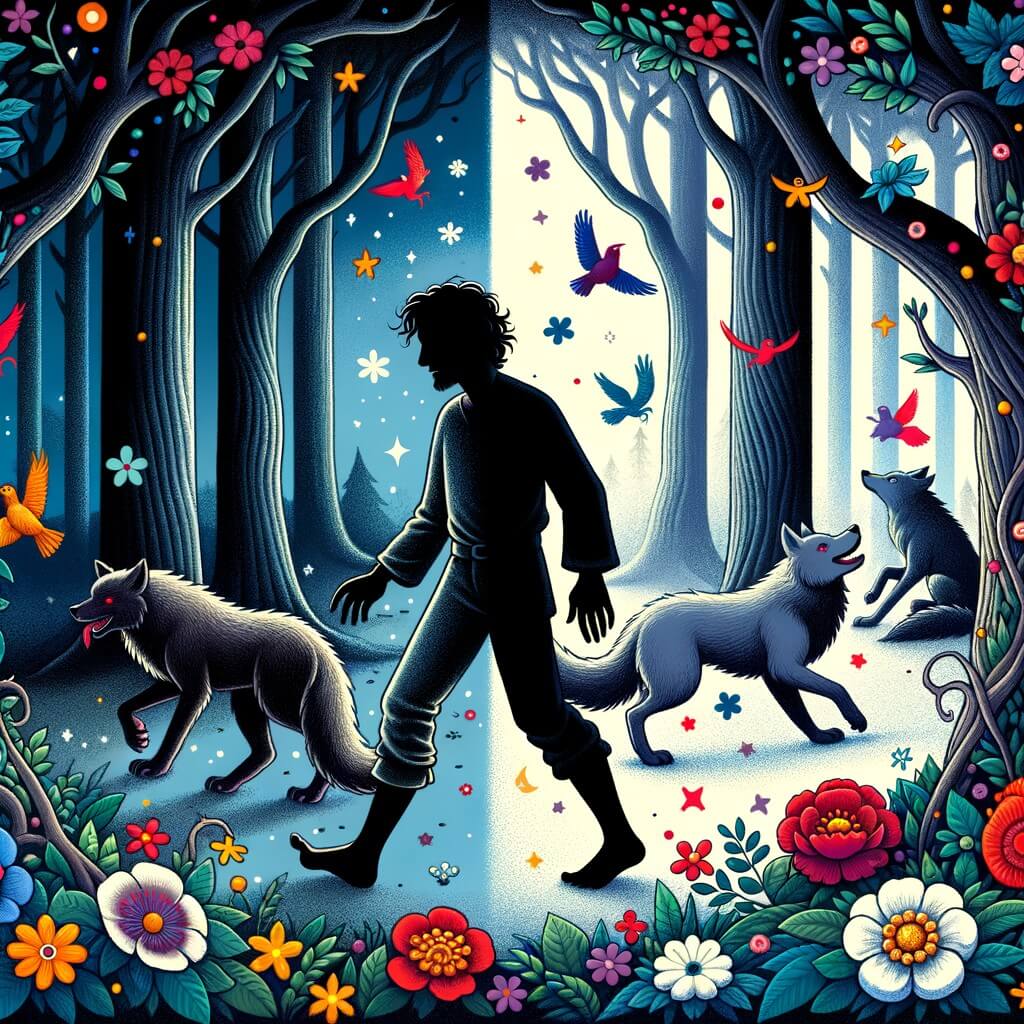 Une illustration destinée aux enfants représentant une silhouette mystérieuse, mi-homme mi-loup, se tenant au bord d'une forêt dense et sombre où des fleurs colorées et des créatures magiques dansent joyeusement.