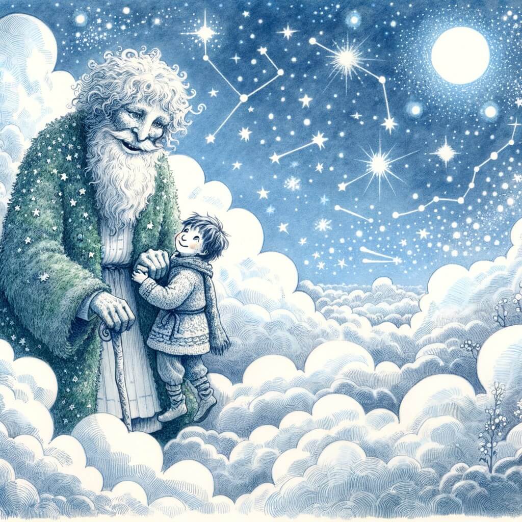 Une illustration pour enfants représentant un géant dans les nuages, emmenant un petit garçon en voyage magique à travers le ciel.