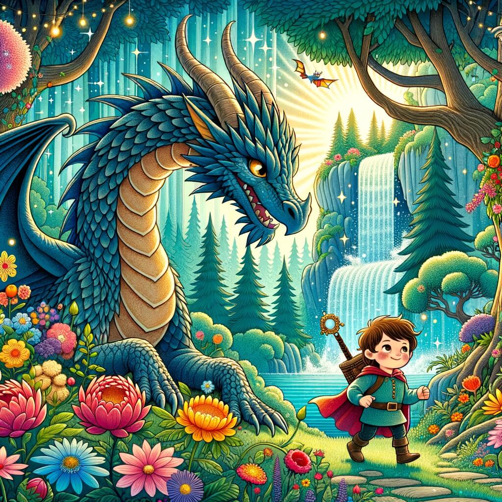 Une illustration destinée aux enfants représentant un dragon majestueux et bienveillant, accompagné d'un petit garçon courageux, dans une forêt enchantée remplie de fleurs aux couleurs vives, d'arbres majestueux et de cascades étincelantes.