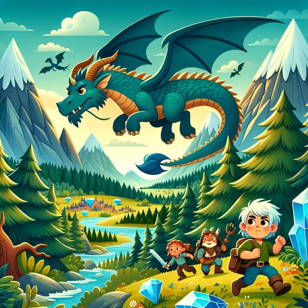 Une illustration pour enfants représentant un majestueux dragon égaré dans une forêt enchantée, cherchant désespérément son chemin vers sa maison cachée dans une vallée mystérieuse.