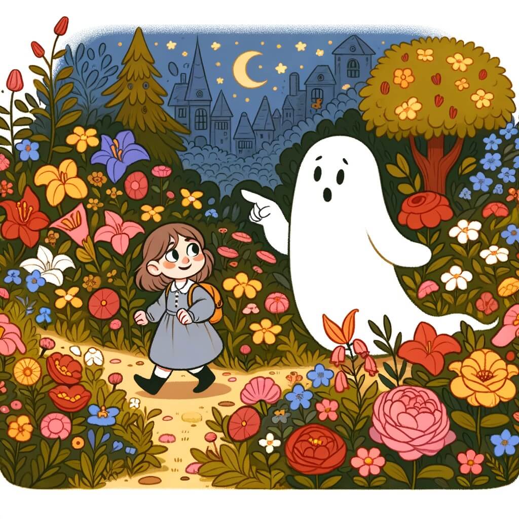 Une illustration destinée aux enfants représentant un doux fantôme à la recherche de son ami disparu, accompagné d'une petite fille courageuse, explorant un immense jardin rempli de fleurs colorées et parfumées.