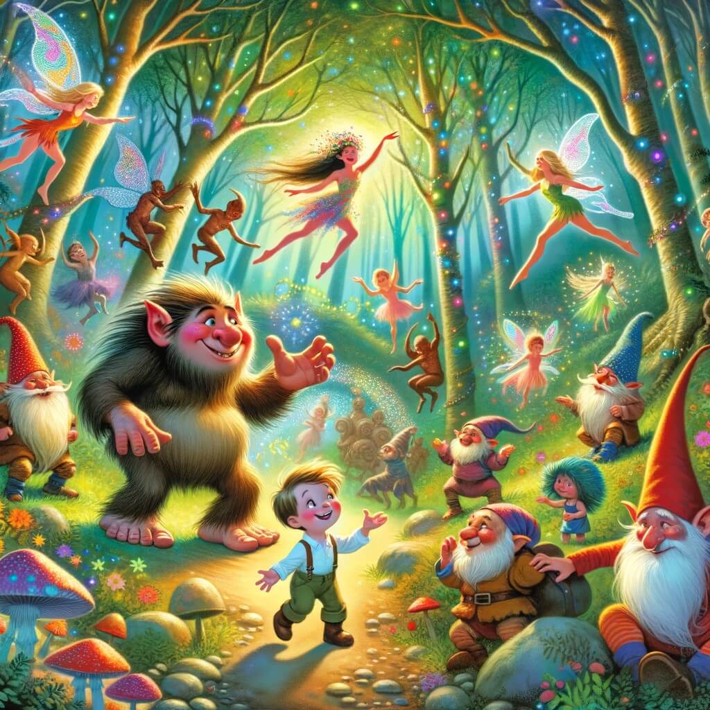 Une illustration pour enfants représentant un troll sympathique qui envoie un petit garçon curieux dans un monde fantastique peuplé de créatures rigolotes, dans une forêt enchantée.